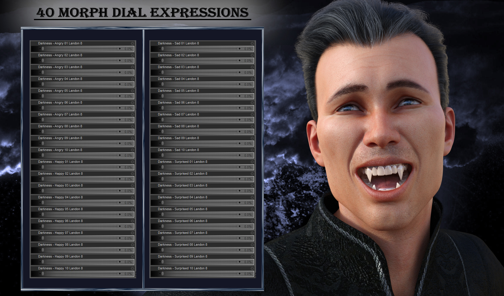 Darkness - Expressions for Genesis 8 Male and Landon 8 Darkness - Expressions for Genesis 8 Male and Landon 8 by: JWolf, 3D Models by Daz 3D