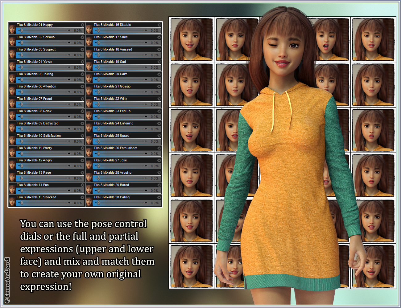 Mixable Expressions for Tika 8 and Genesis 8 Female(s) by: , 3D Models by Daz 3D