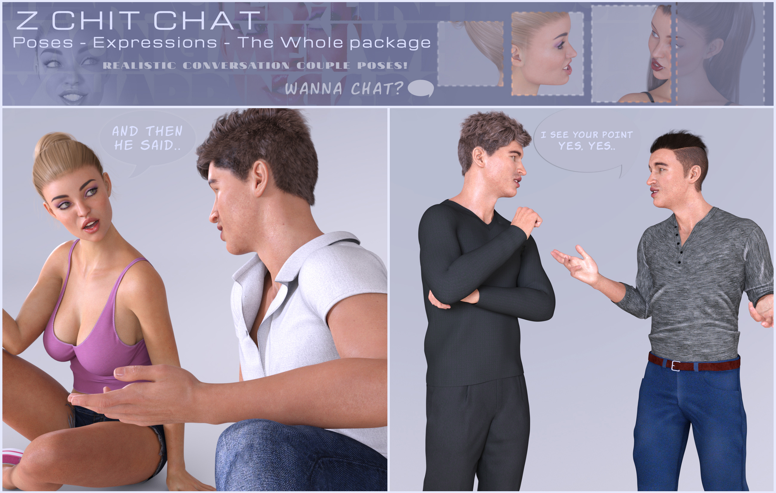 Z Chit Chat Poses and Partials for Genesis 3 and 8 by: Zeddicuss, 3D Models by Daz 3D