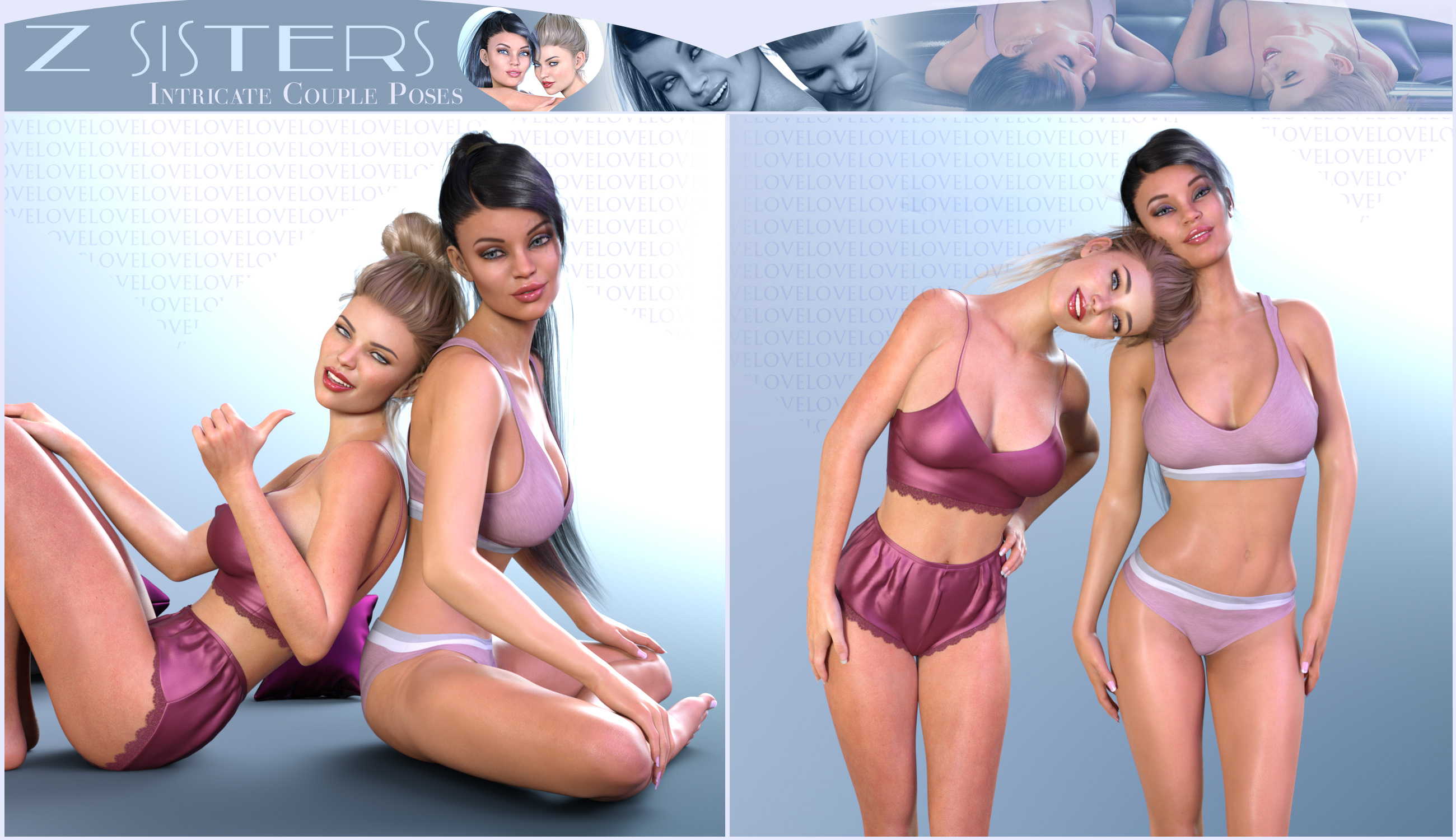 Z Sisters - Couple Poses for Genesis 3 and 8 Female by: Zeddicuss, 3D Models by Daz 3D