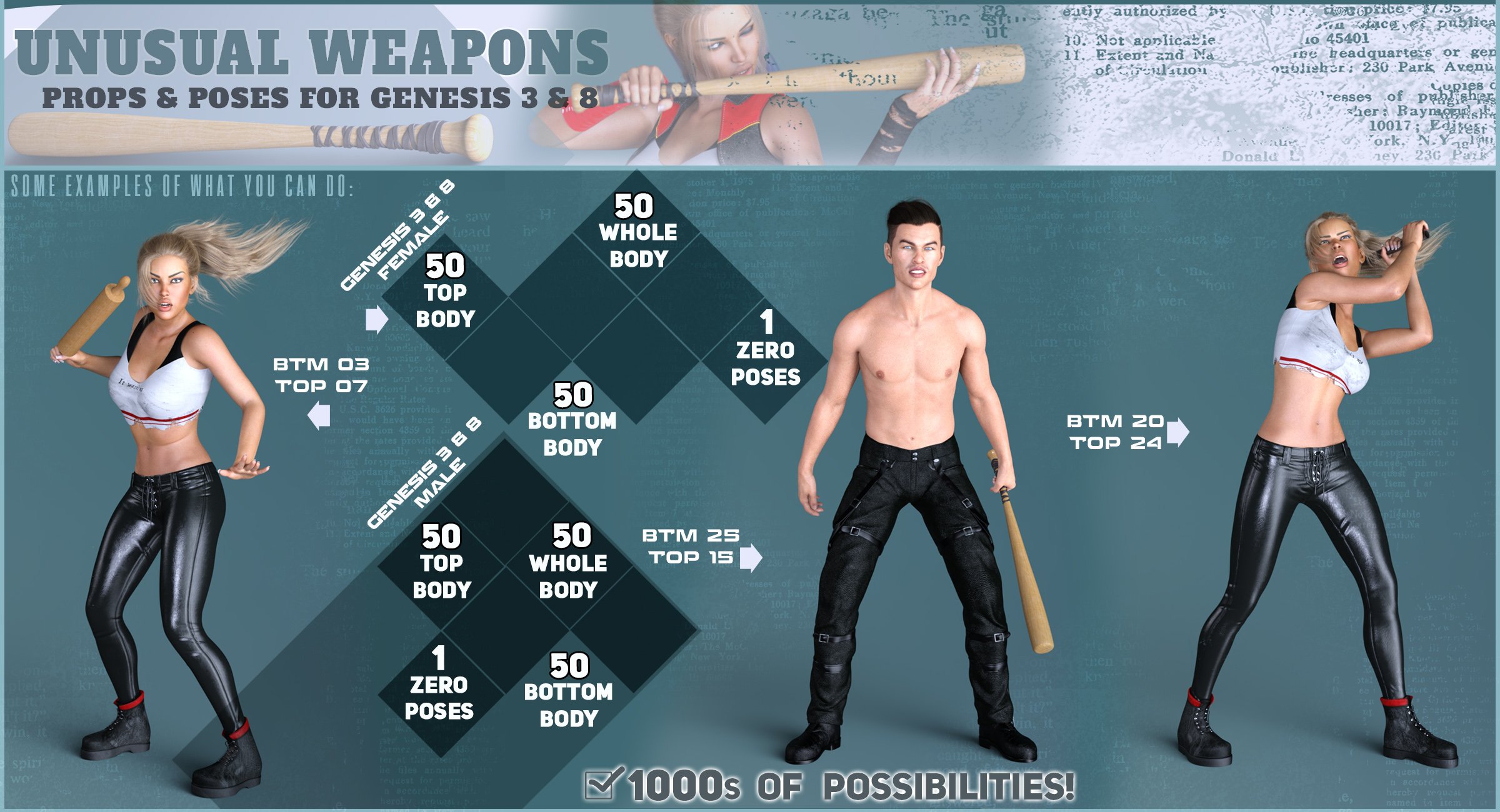Z Unusual Weapons and Poses with Partials for Genesis 3 and 8 Z Unusual Weapons and Poses with Partials for Genesis 3 and 8 by: Zeddicuss, 3D Models by Daz 3D