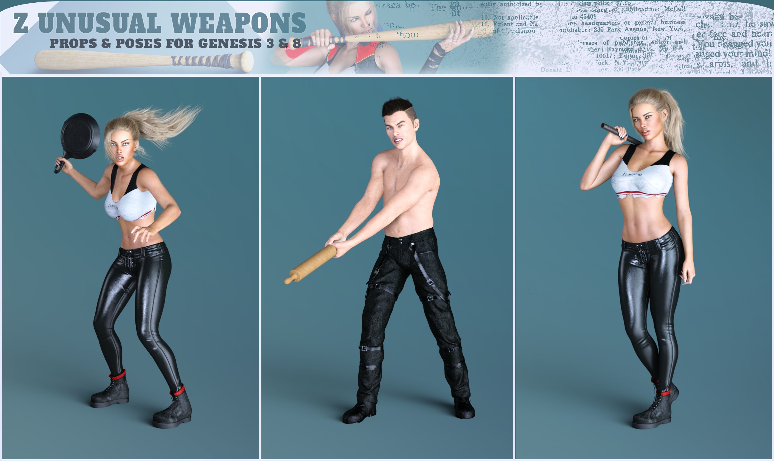 Z Unusual Weapons and Poses with Partials for Genesis 3 and 8 by: Zeddicuss, 3D Models by Daz 3D