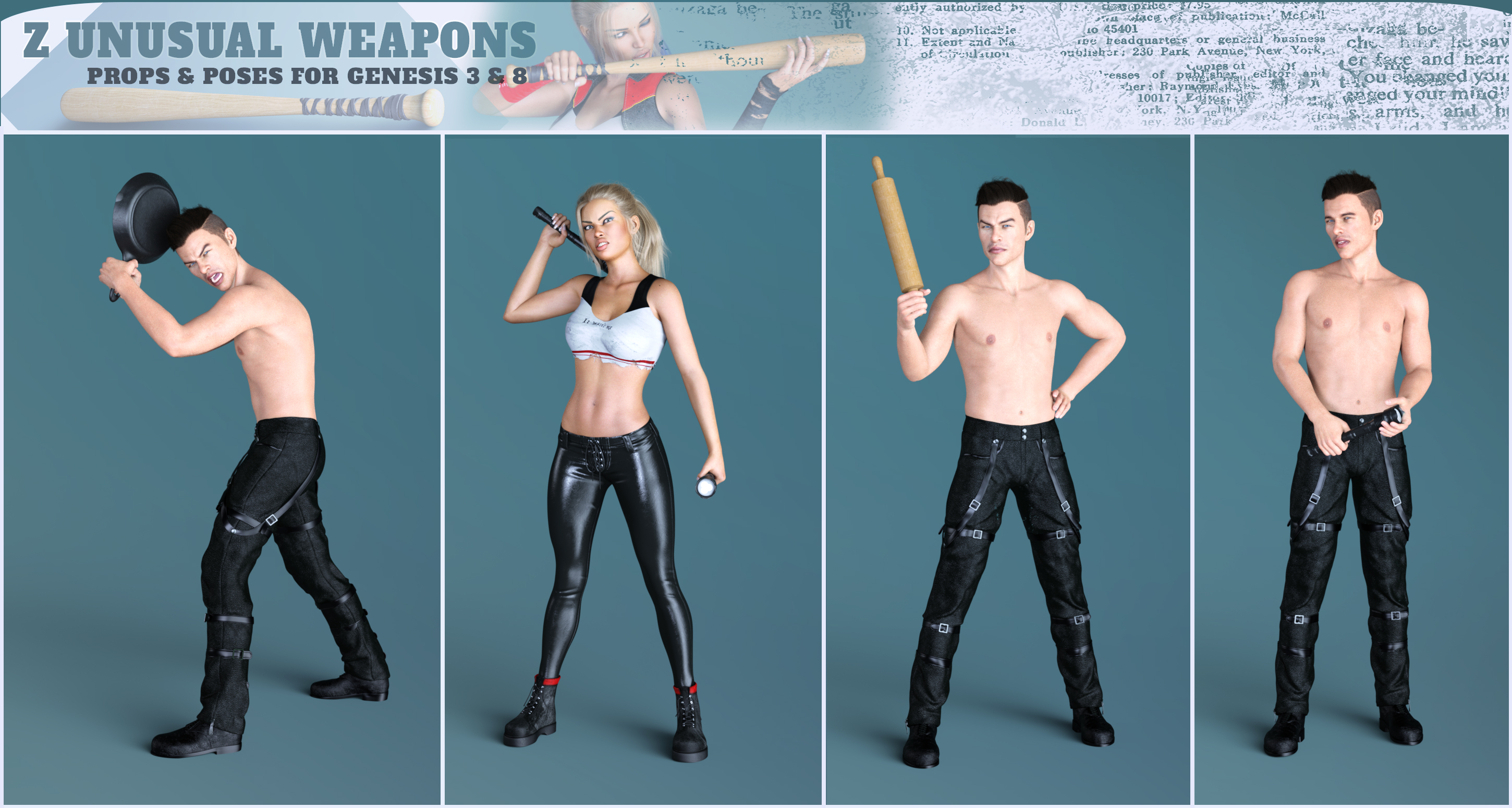 Z Unusual Weapons and Poses with Partials for Genesis 3 and 8 by: Zeddicuss, 3D Models by Daz 3D