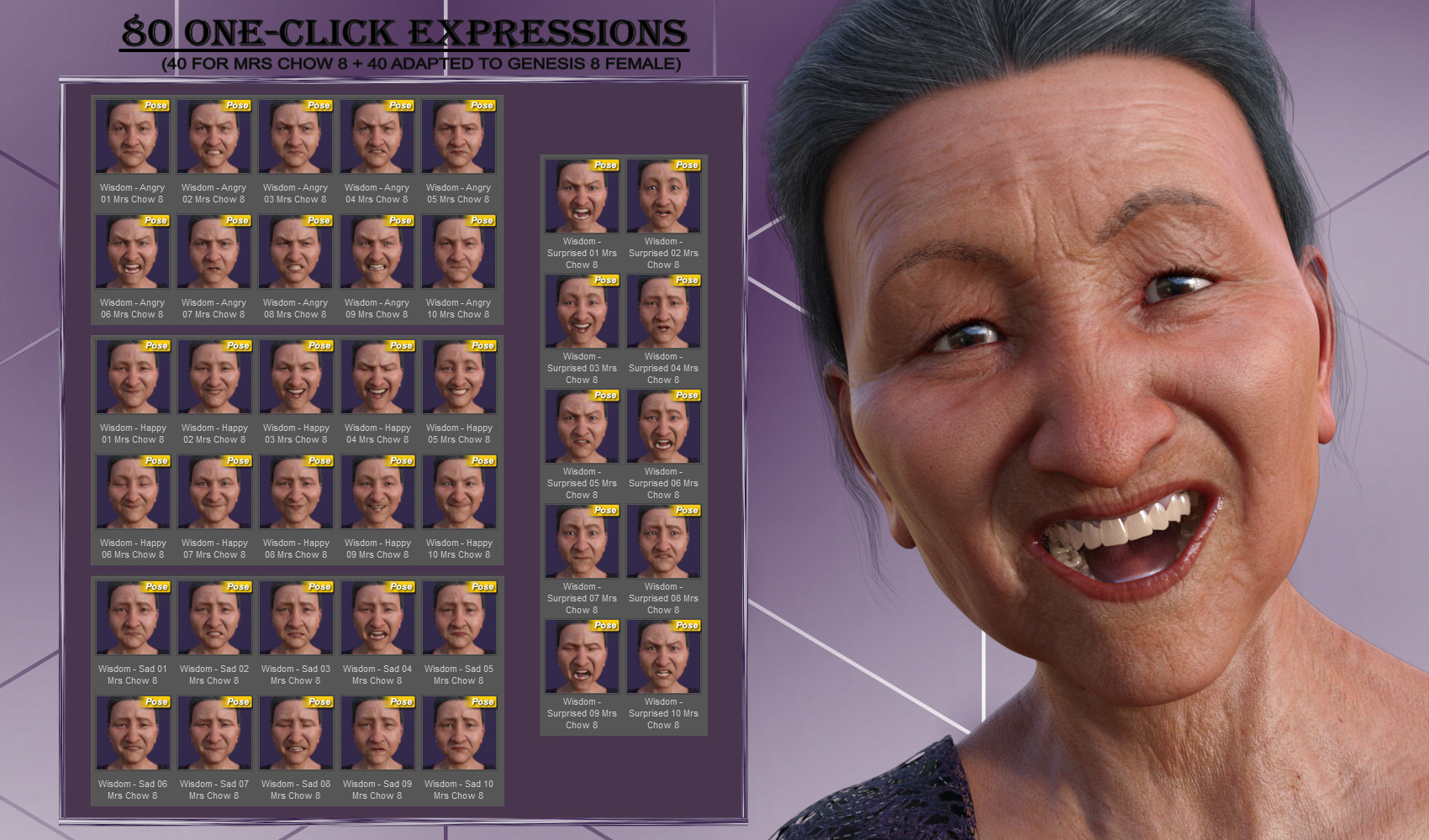 Wisdom - Expressions for Genesis 8 Female and Mrs Chow 8 Wisdom - Expressions for Genesis 8 Female and Mrs Chow 8 by: JWolf, 3D Models by Daz 3D