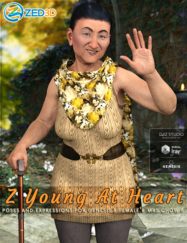 Z Young at Heart - Poses and Expressions for Mrs Chow 8 and Genesis 8 Female by: Zeddicuss, 3D Models by Daz 3D