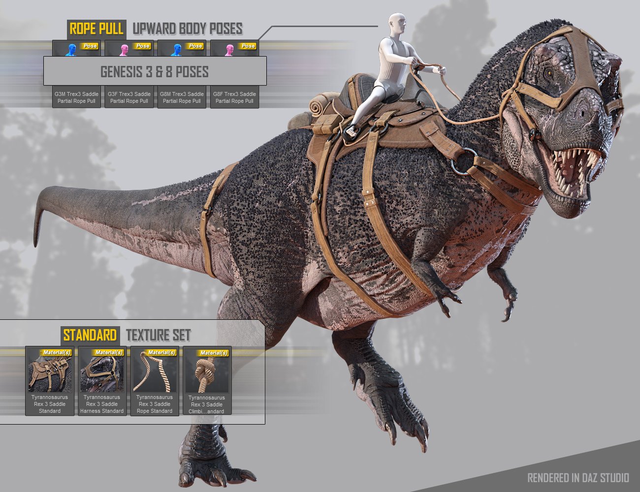 Tyrannosaurus Rex 3 Saddles and Poses Tyrannosaurus Rex 3 Saddles and Poses by: Herschel Hoffmeyer, 3D Models by Daz 3D