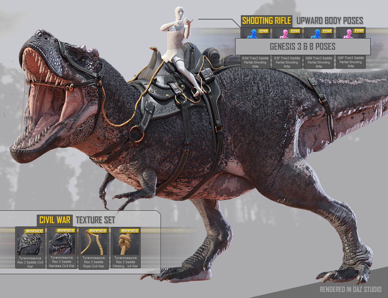 Tyrannosaurus Rex 3 Saddles and Poses Tyrannosaurus Rex 3 Saddles and Poses by: Herschel Hoffmeyer, 3D Models by Daz 3D