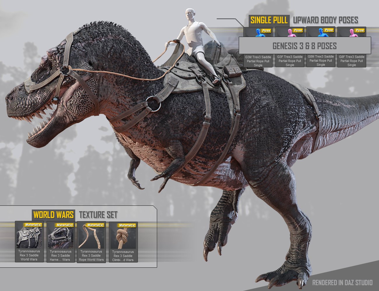 Tyrannosaurus Rex 3 Saddles and Poses Tyrannosaurus Rex 3 Saddles and Poses by: Herschel Hoffmeyer, 3D Models by Daz 3D