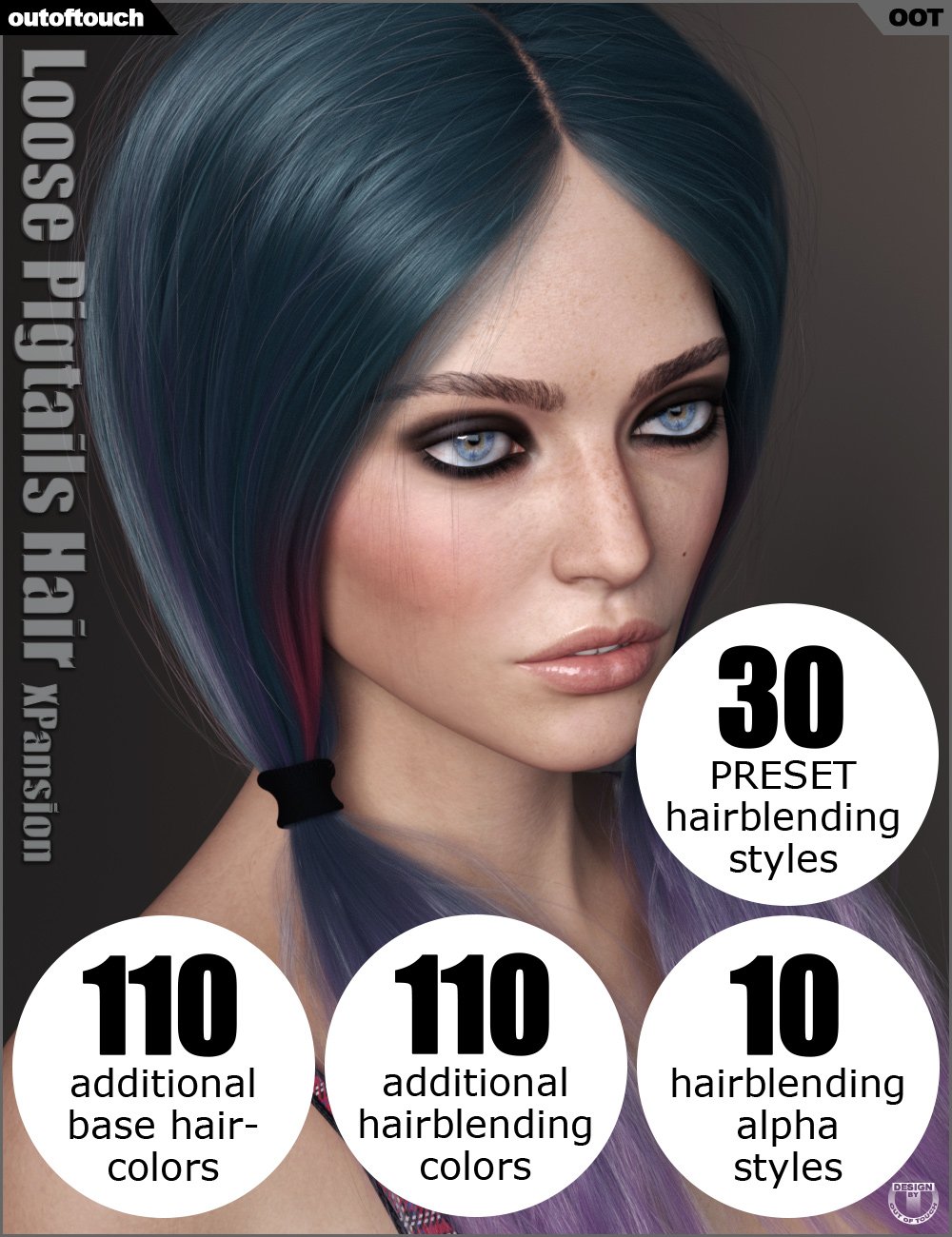 OOT Hairblending 2.0 Texture XPansion for Loose Pigtails Hair by: outoftouch, 3D Models by Daz 3D
