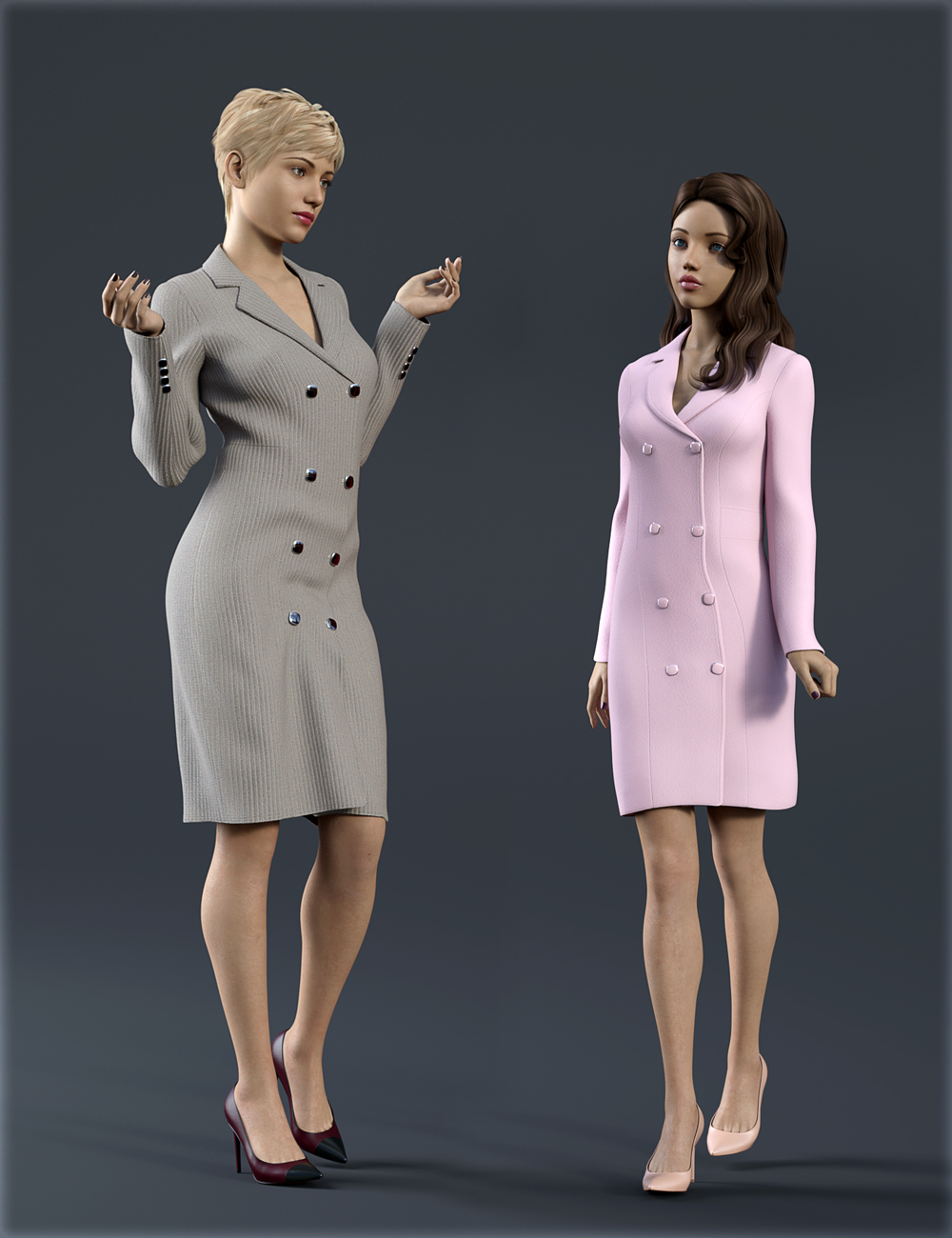 dForce H&C Double Button Dress for Genesis 8 Female(s) by: IH Kang, 3D Models by Daz 3D