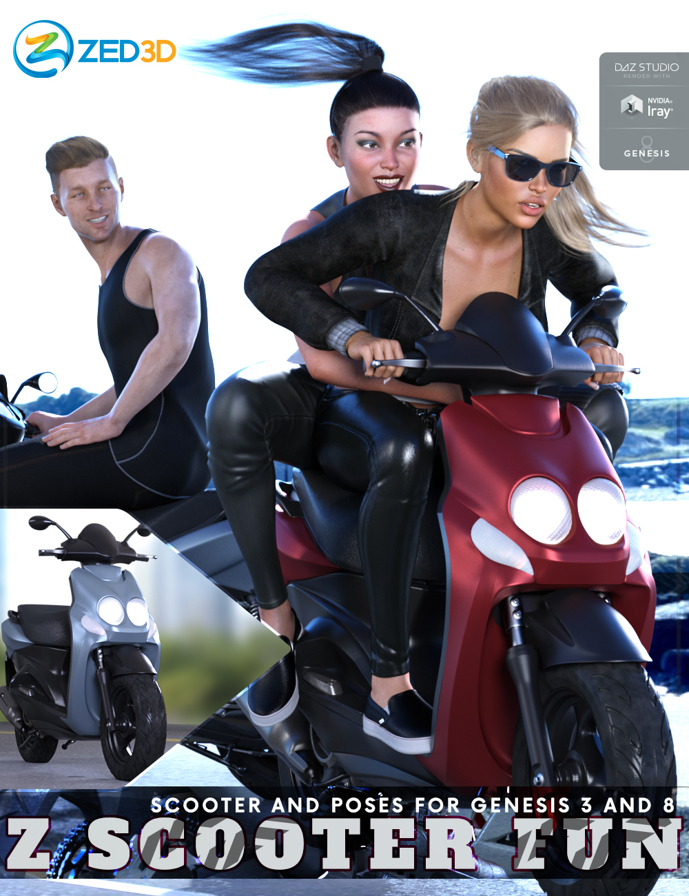 Z Scooter Fun and Poses for Genesis 3 and 8 by: Zeddicuss, 3D Models by Daz 3D