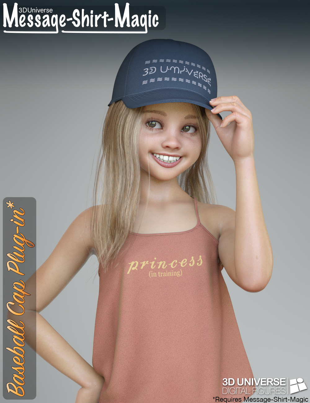 Message-Shirt-Magic Baseball Cap Plugin for Genesis 8 Female(s) by: 3D Universe, 3D Models by Daz 3D