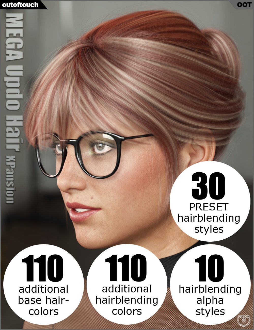 OOT Hairblending 2.0 Texture XPansion for MEGA Updo Hair by: outoftouch, 3D Models by Daz 3D