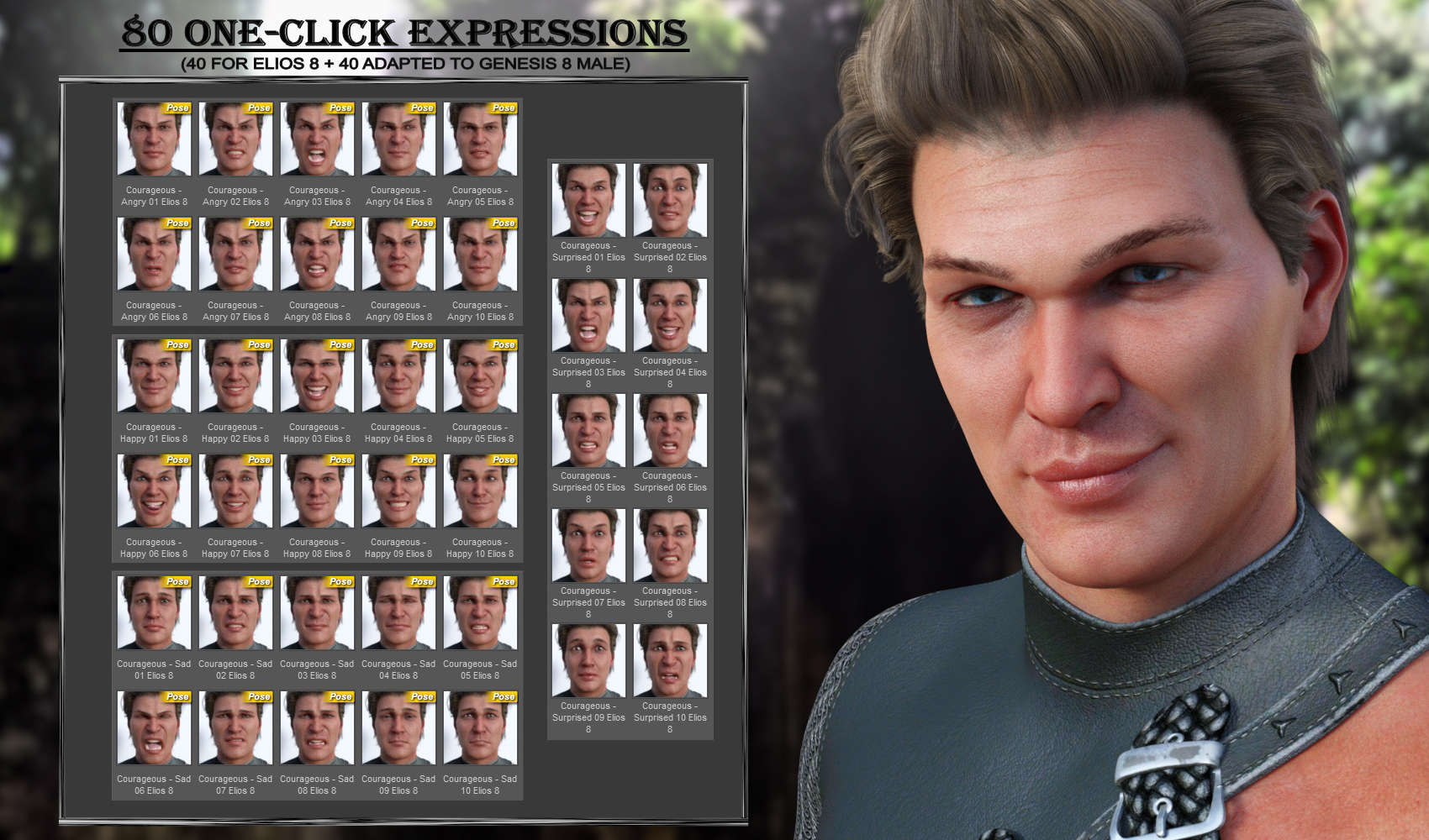 Courageous - Expressions for Genesis 8 Male and Elios 8 Courageous - Expressions for Genesis 8 Male and Elios 8 by: JWolf, 3D Models by Daz 3D