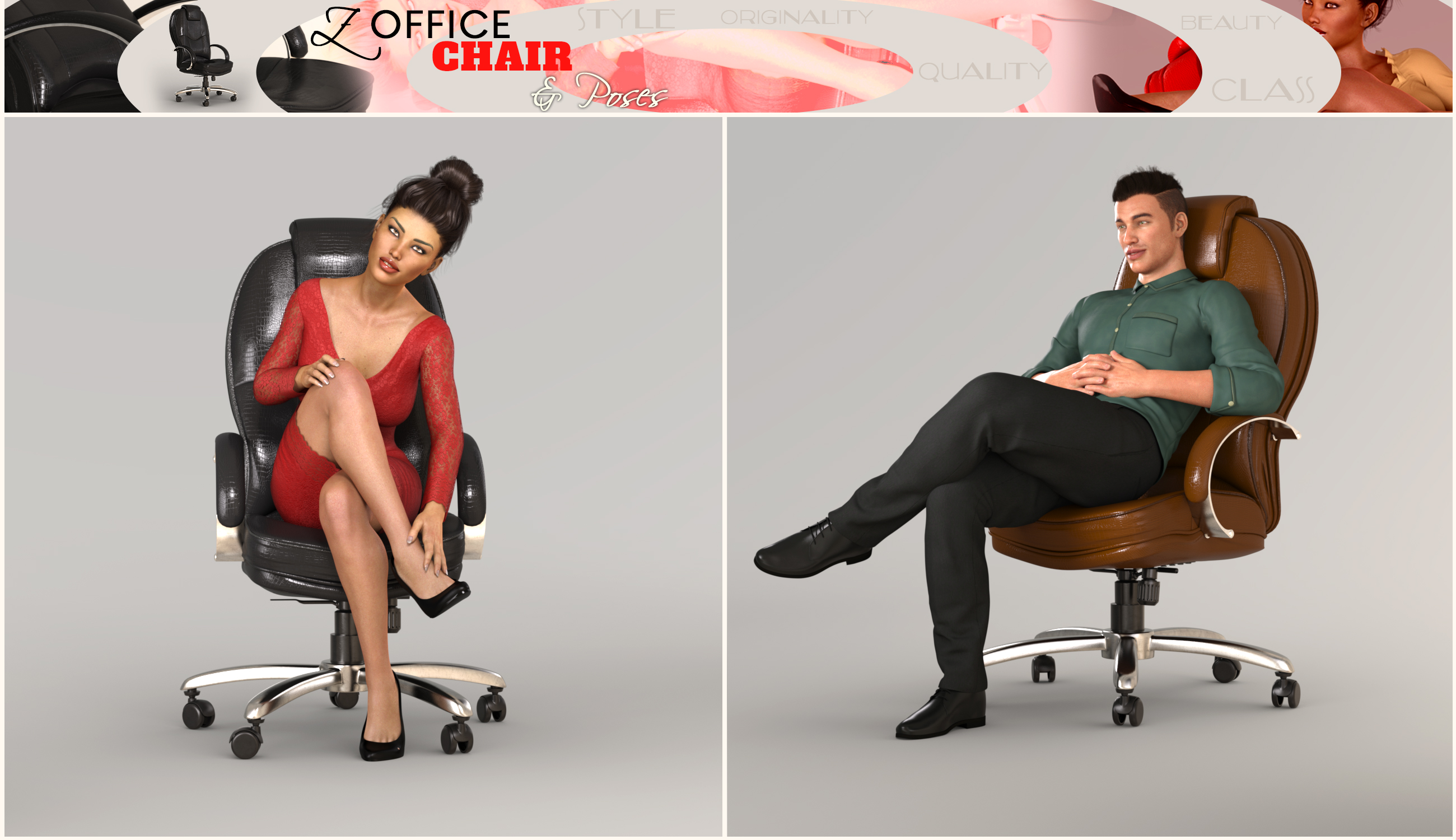 Z Morphing Leather Office Chair & Poses for Genesis 3 and 8 by: Zeddicuss, 3D Models by Daz 3D
