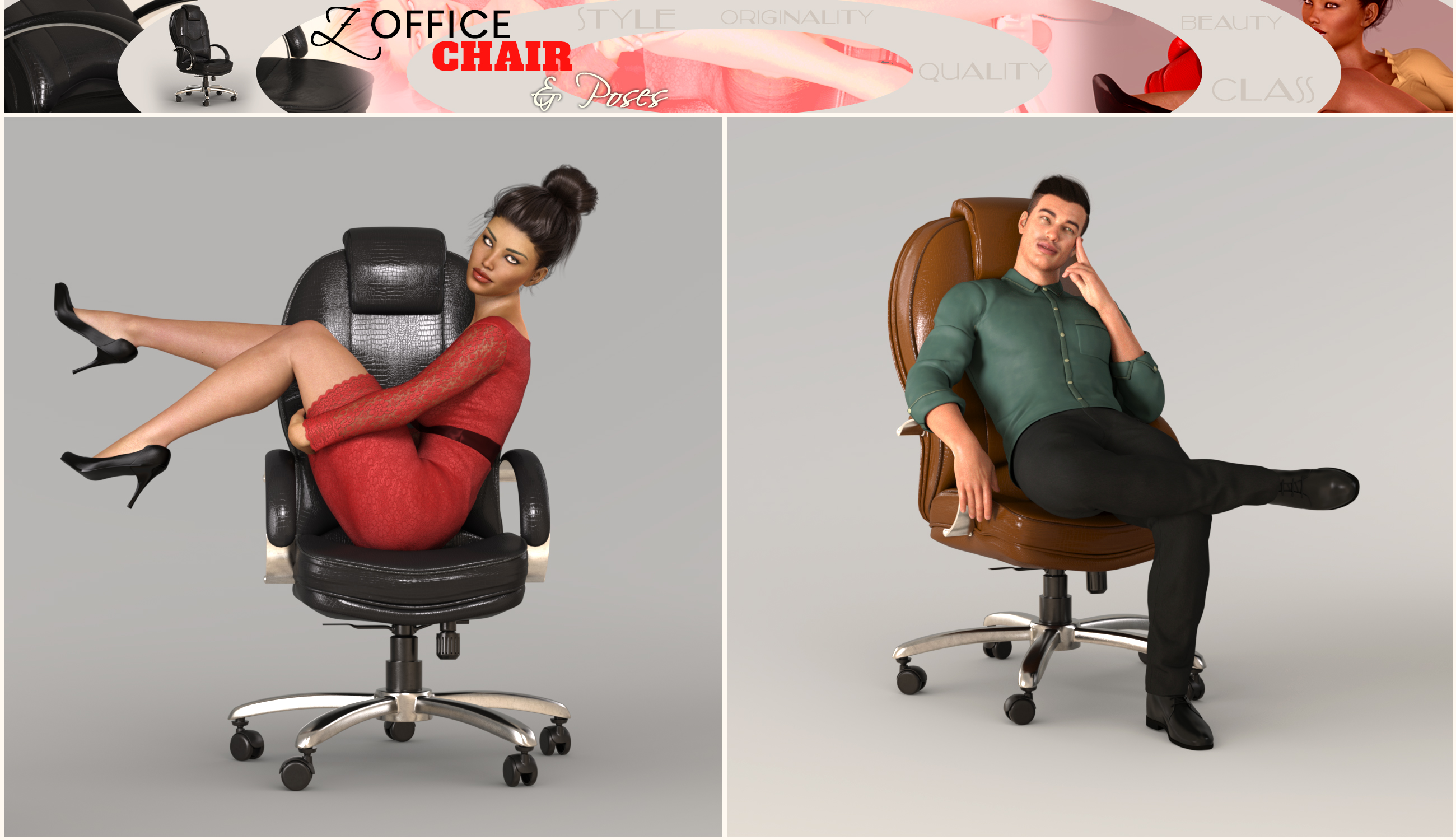 Z Morphing Leather Office Chair & Poses for Genesis 3 and 8 Z Morphing Leather Office Chair & Poses for Genesis 3 and 8 by: Zeddicuss, 3D Models by Daz 3D
