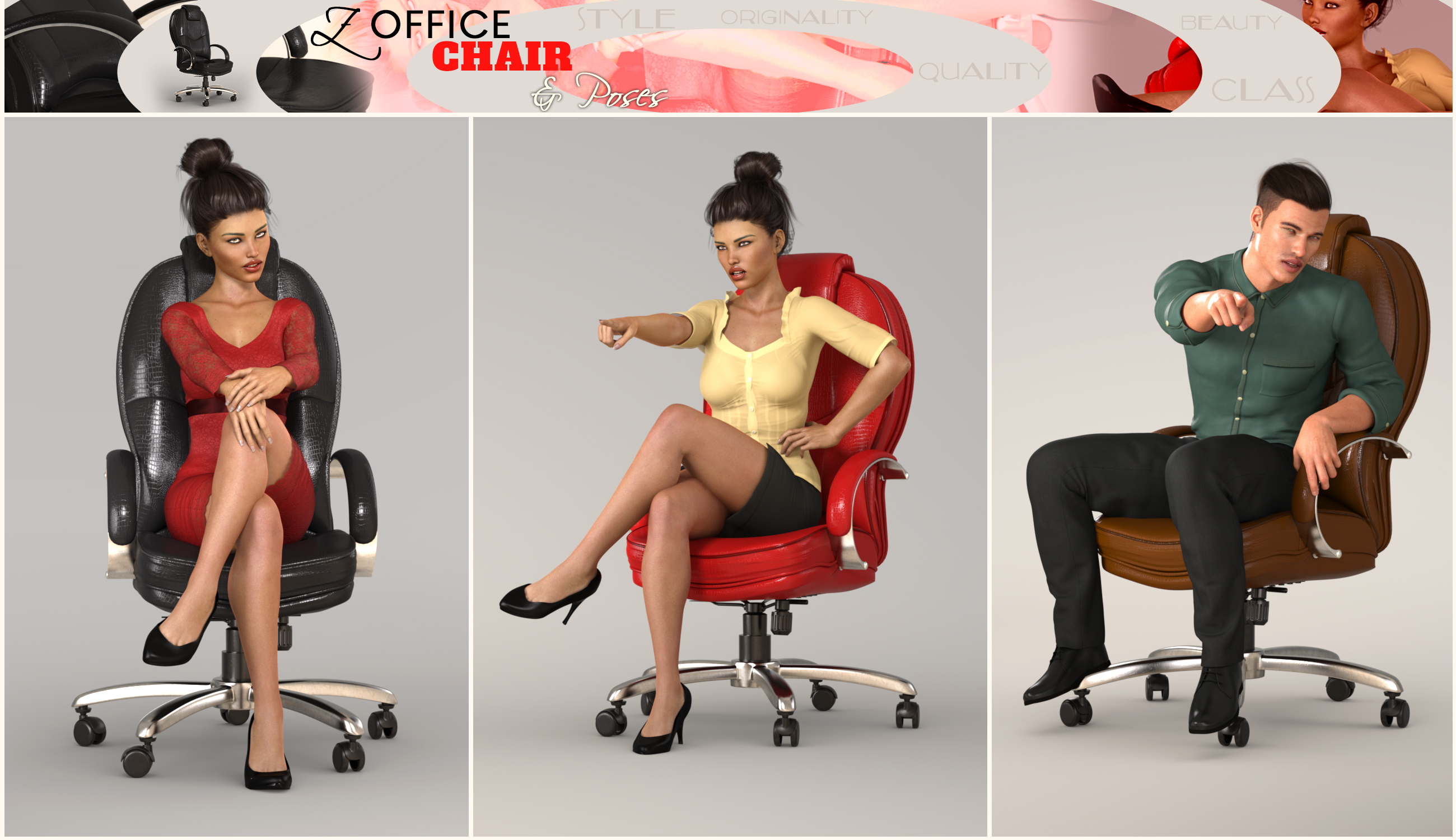 Z Morphing Leather Office Chair & Poses for Genesis 3 and 8 by: Zeddicuss, 3D Models by Daz 3D