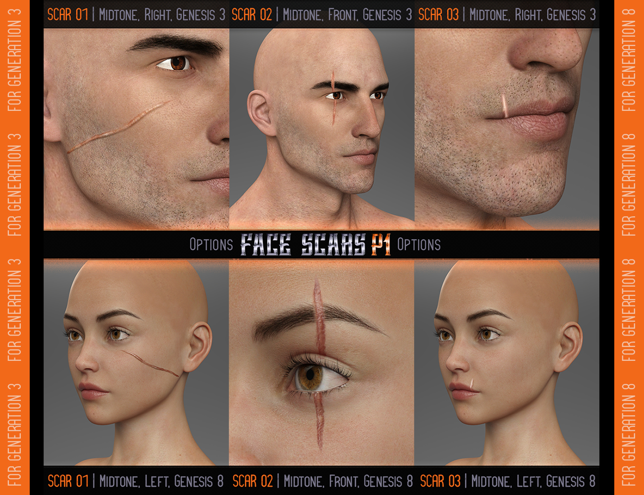 L.I.E. FACE SCARS for Genesis 3 and 8 by: EsidFenixPhoenix, 3D Models by Daz 3D