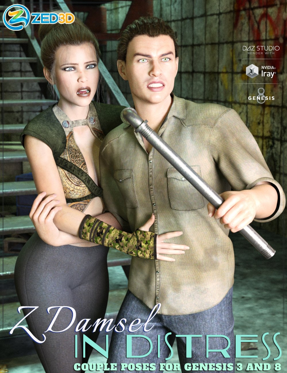 Z Damsel in Distress Couple Poses for Genesis 3 and 8 by: Zeddicuss, 3D Models by Daz 3D