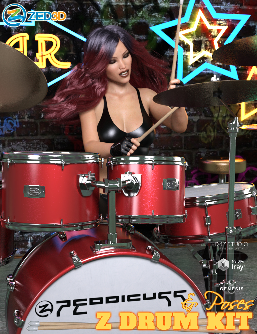 Z Drum Kit and Poses for Genesis 3 and 8 by: Zeddicuss, 3D Models by Daz 3D