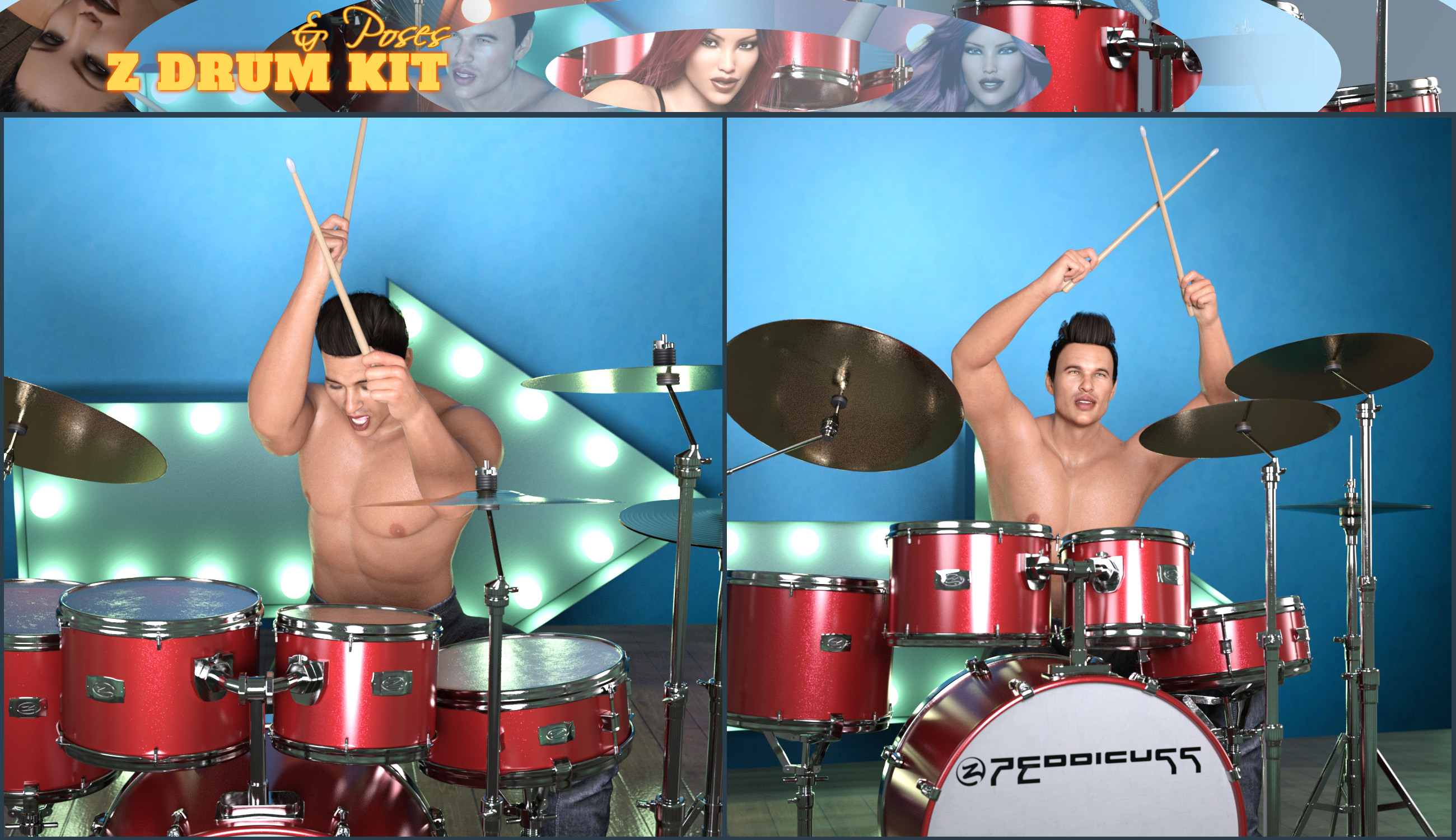 Z Drum Kit and Poses for Genesis 3 and 8 Daz 3D