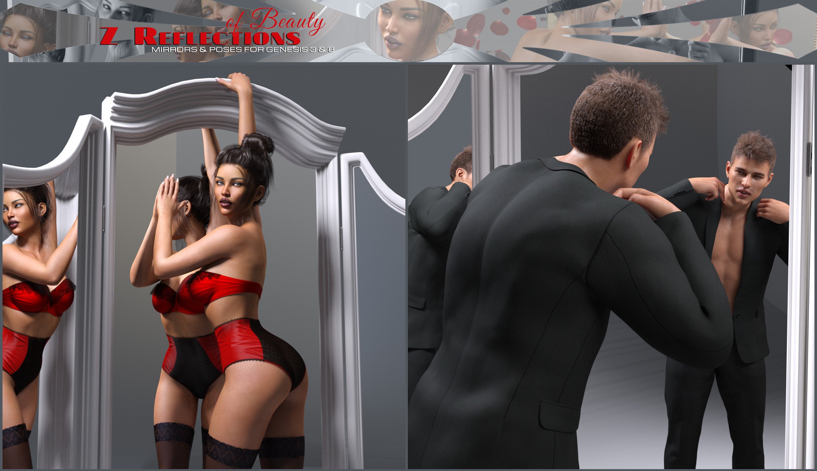 Z Reflections of Beauty Mirrors and Poses for Genesis 3 and 8 by: Zeddicuss, 3D Models by Daz 3D