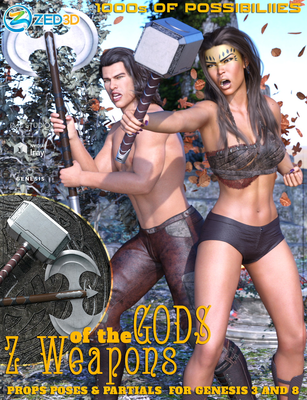 Z Weapons of the Gods and Poses for Genesis 3 and 8 by: Zeddicuss, 3D Models by Daz 3D