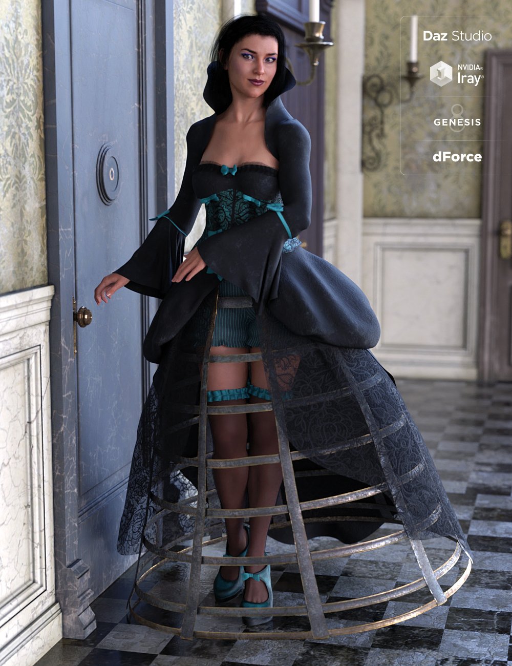 dForce Vintage Cage Dress Outfit Textures by: Moonscape GraphicsSade, 3D Models by Daz 3D