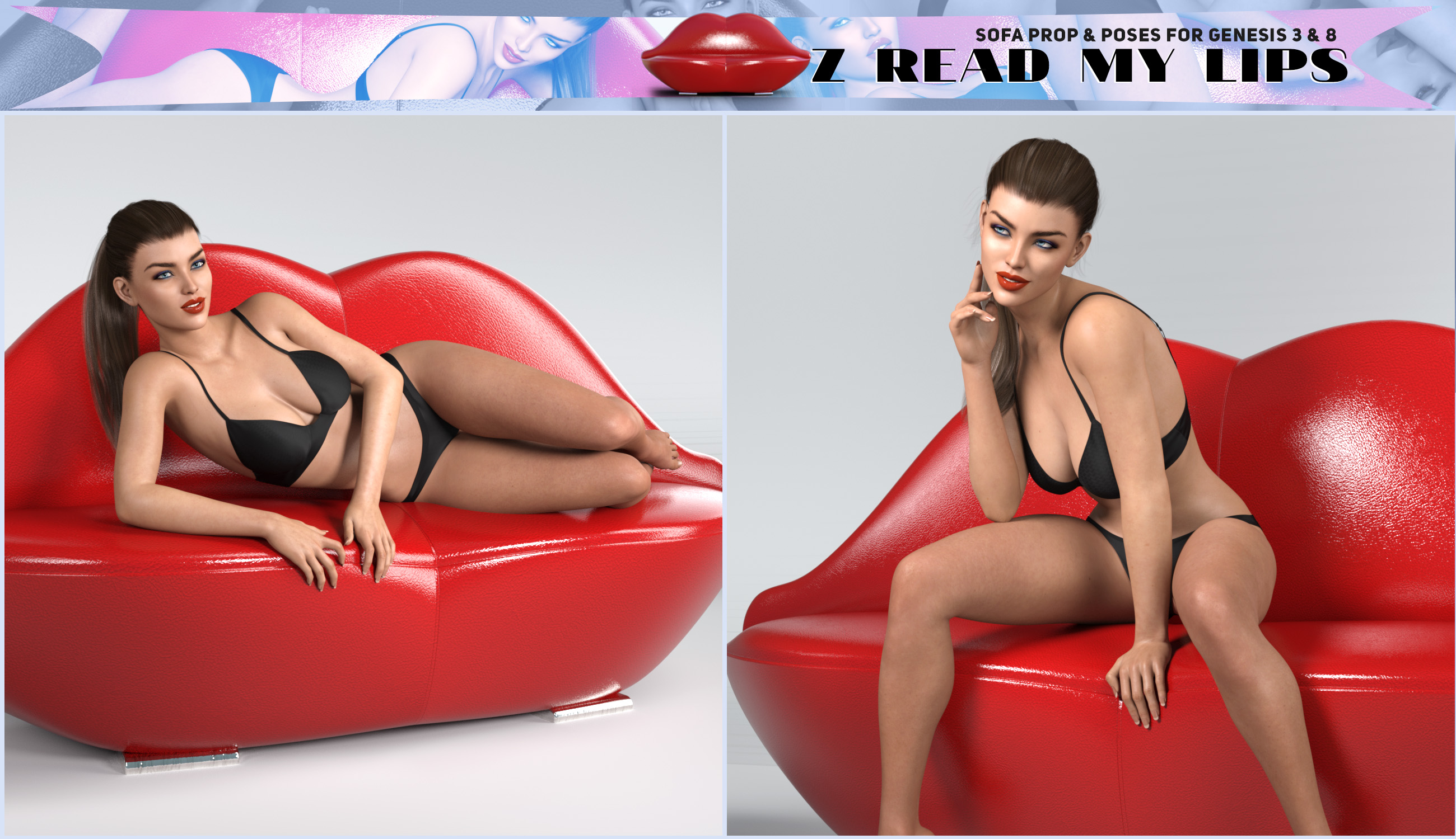 Z Read My Lips Sofa and Poses for Genesis 3 and 8 by: Zeddicuss, 3D Models by Daz 3D