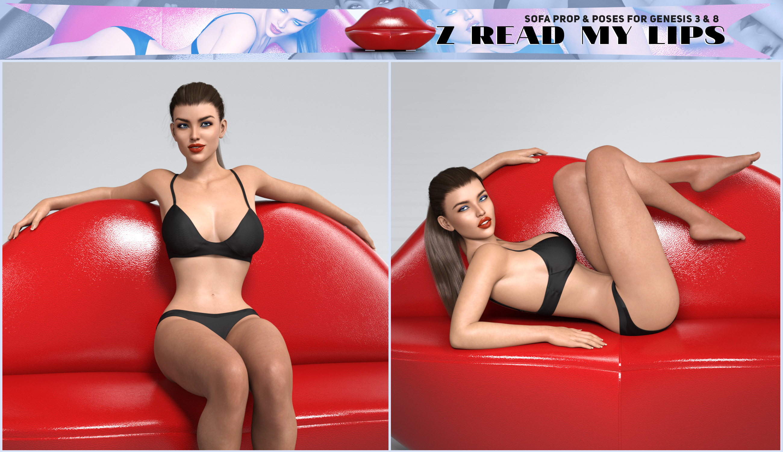 Z Read My Lips Sofa and Poses for Genesis 3 and 8 by: Zeddicuss, 3D Models by Daz 3D