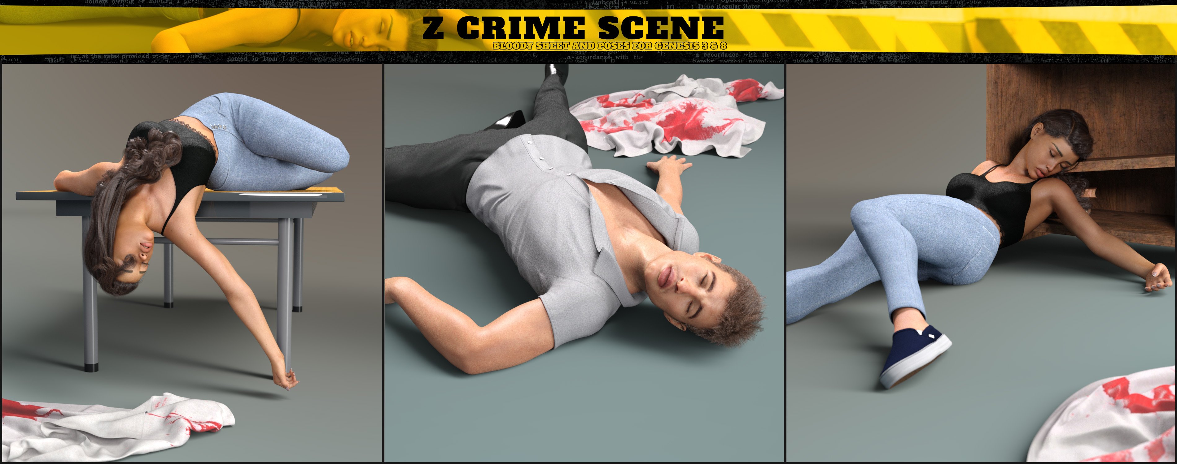 Z Crime Scene Bloody Sheet and Poses for Genesis 3 and 8 by: Zeddicuss, 3D Models by Daz 3D
