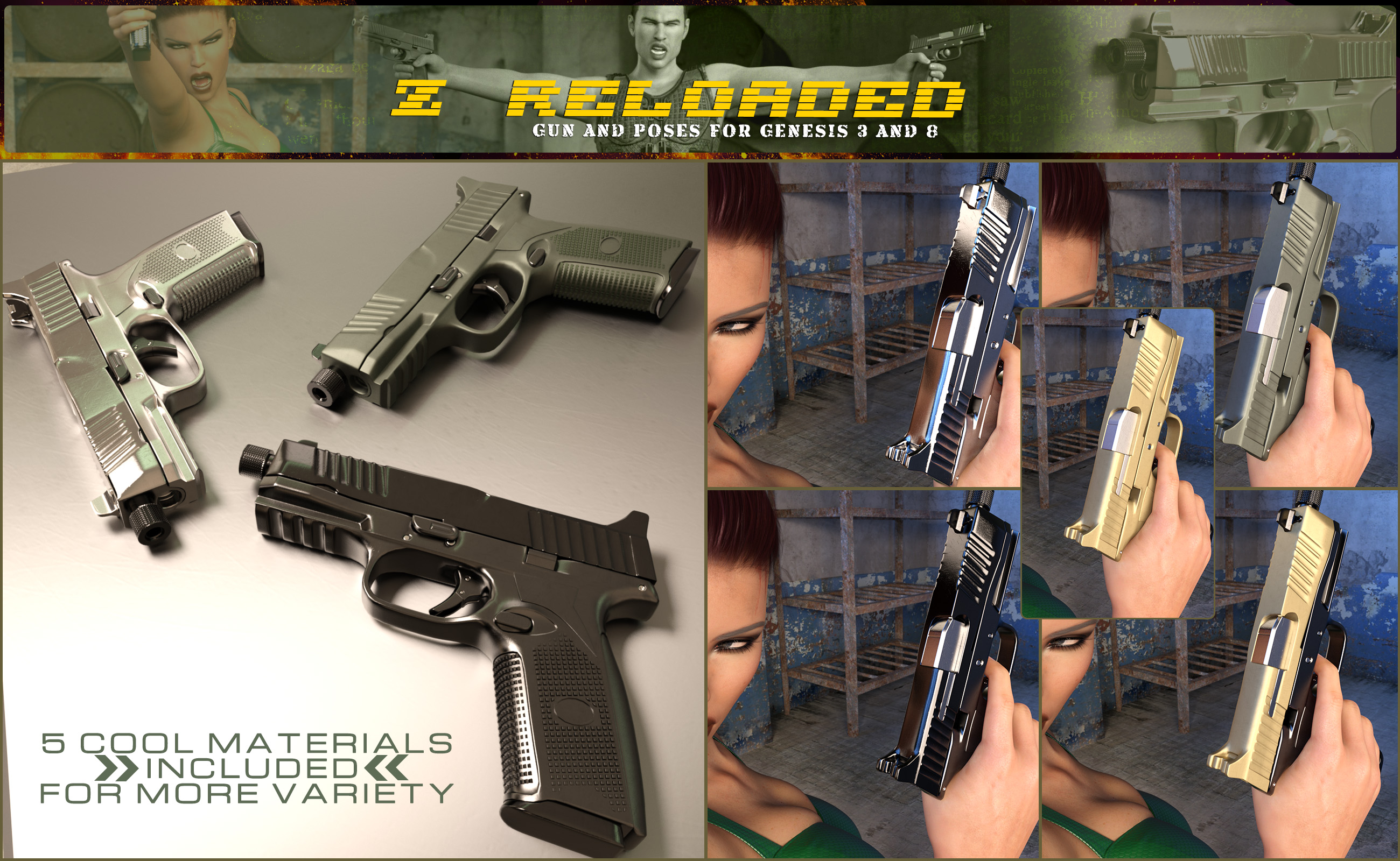 Z Reloaded Gun and Poses for Genesis 3 and 8 Z Reloaded Gun and Poses for Genesis 3 and 8 by: Zeddicuss, 3D Models by Daz 3D