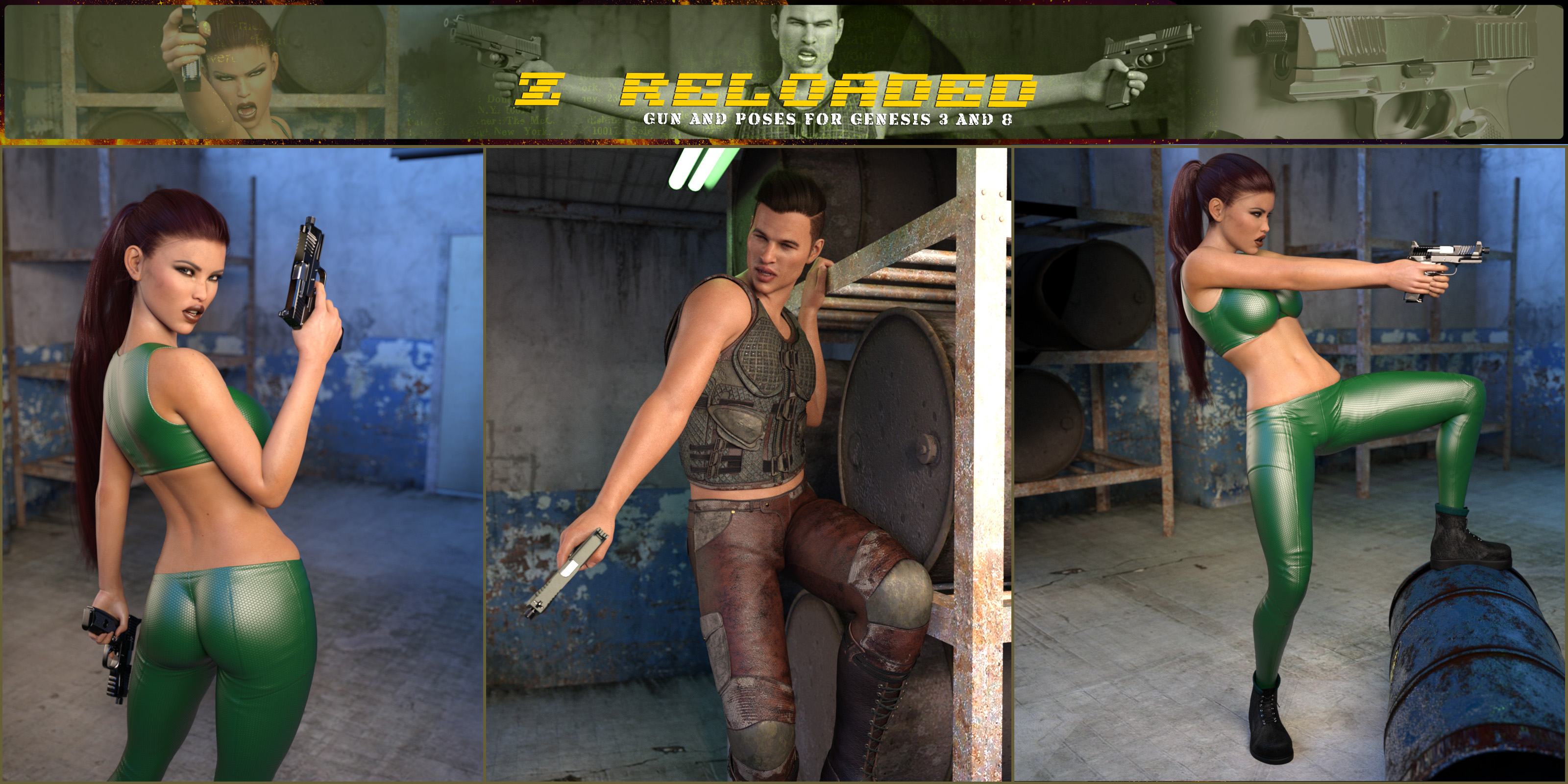 Z Reloaded Gun and Poses for Genesis 3 and 8 by: Zeddicuss, 3D Models by Daz 3D