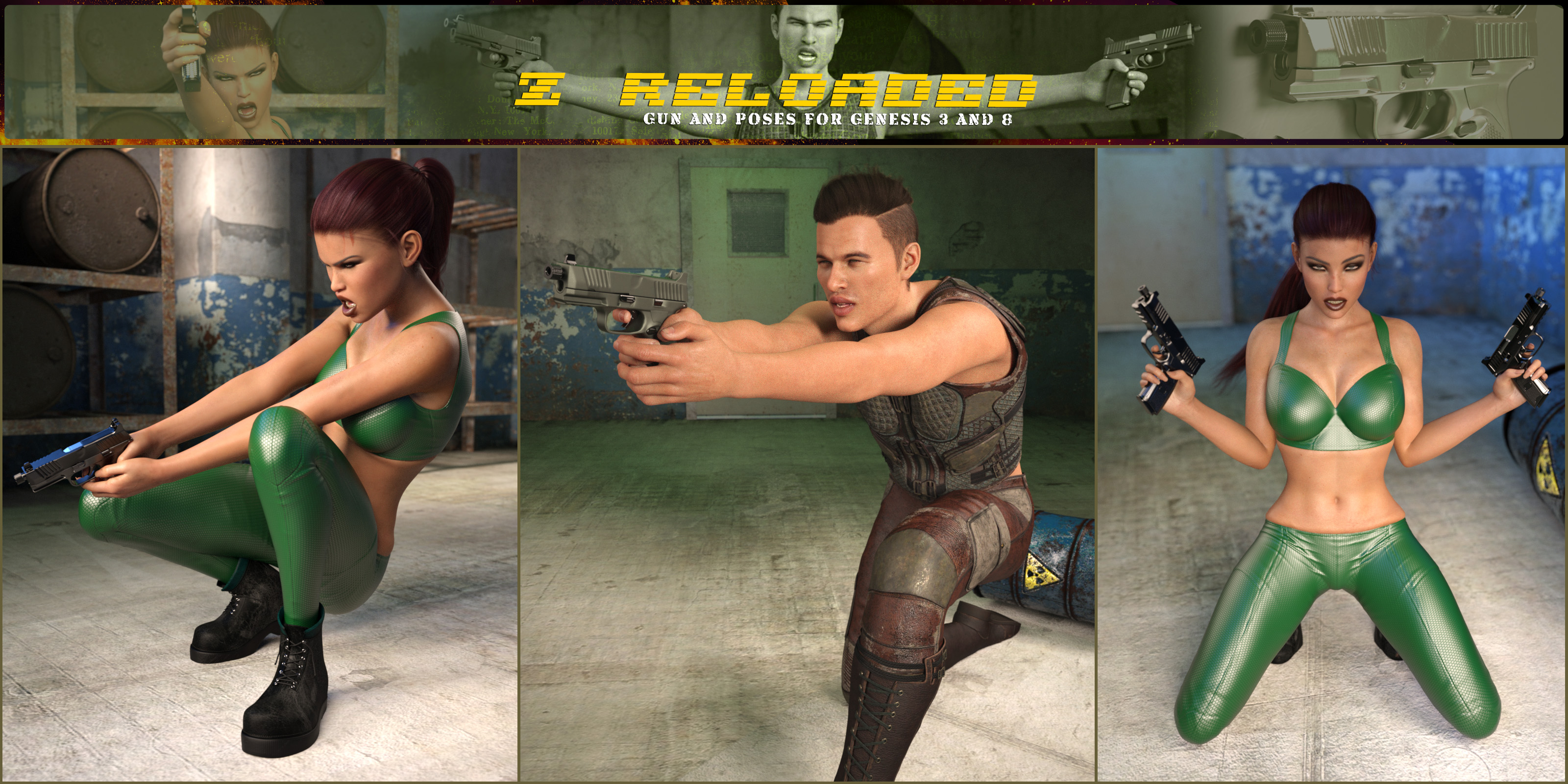 Z Reloaded Gun and Poses for Genesis 3 and 8 by: Zeddicuss, 3D Models by Daz 3D