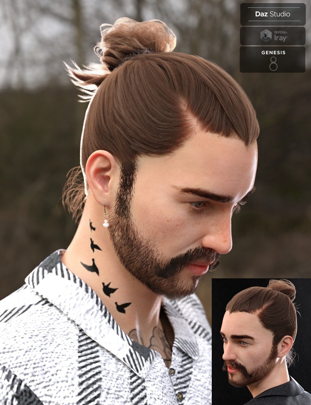 Yvanovich Bun Hair and Beard for Genesis 8 Male(s) by: Neftis3D, 3D Models by Daz 3D