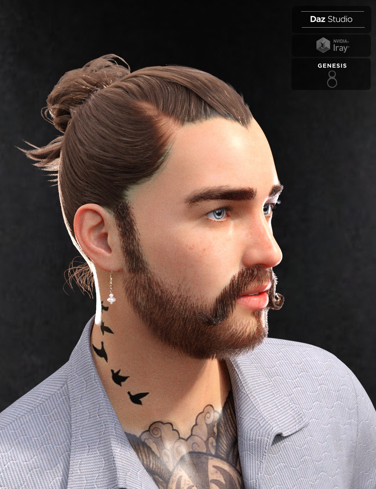 Yvanovich Bun Hair and Beard for Genesis 8 Male(s) by: Neftis3D, 3D Models by Daz 3D