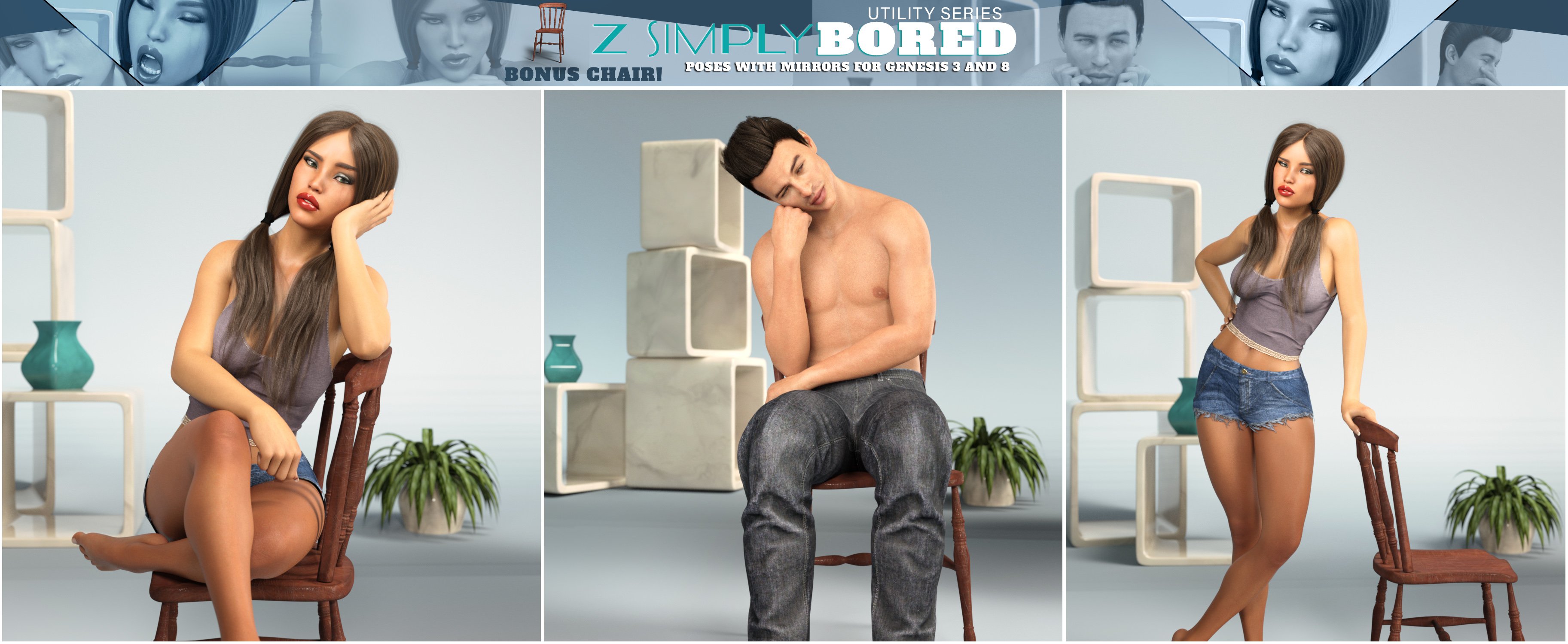 Z Utility Simply Bored Poses and Expressions for Genesis 3 and 8 by: Zeddicuss, 3D Models by Daz 3D