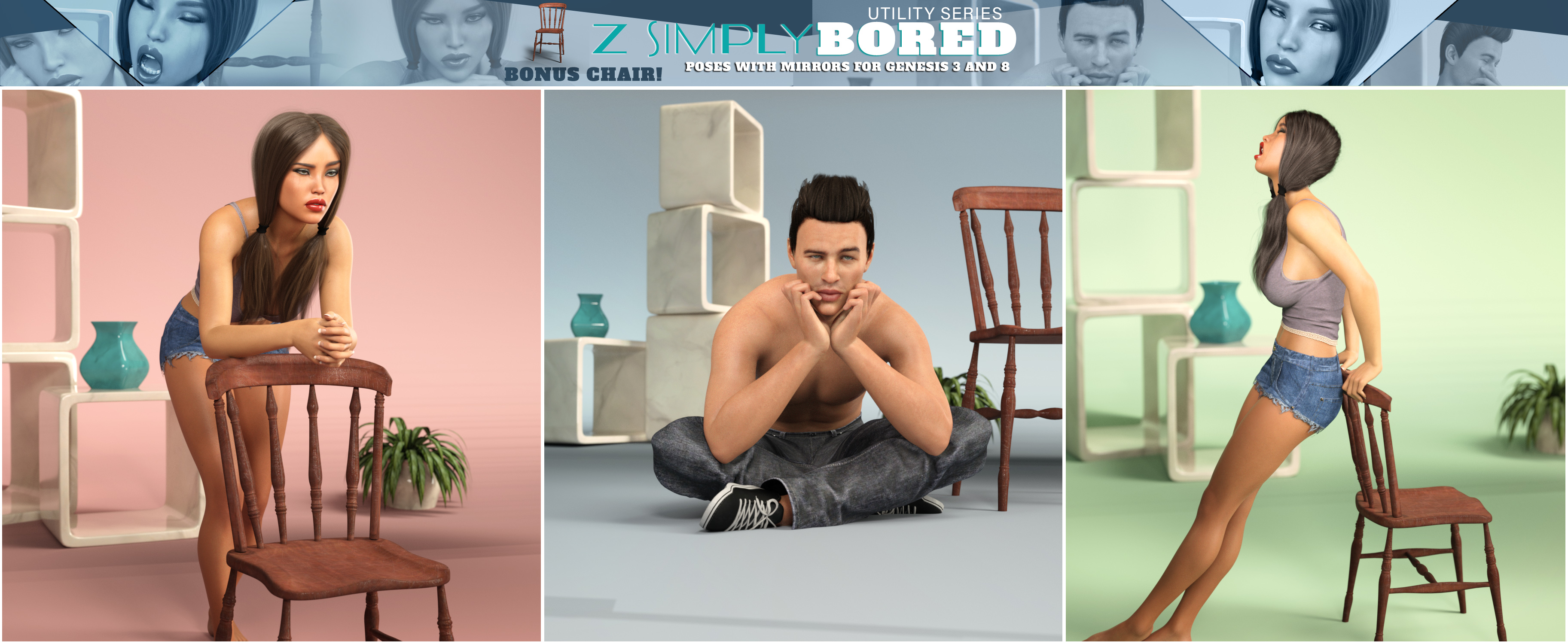 Z Utility Simply Bored Poses and Expressions for Genesis 3 and 8 by: Zeddicuss, 3D Models by Daz 3D