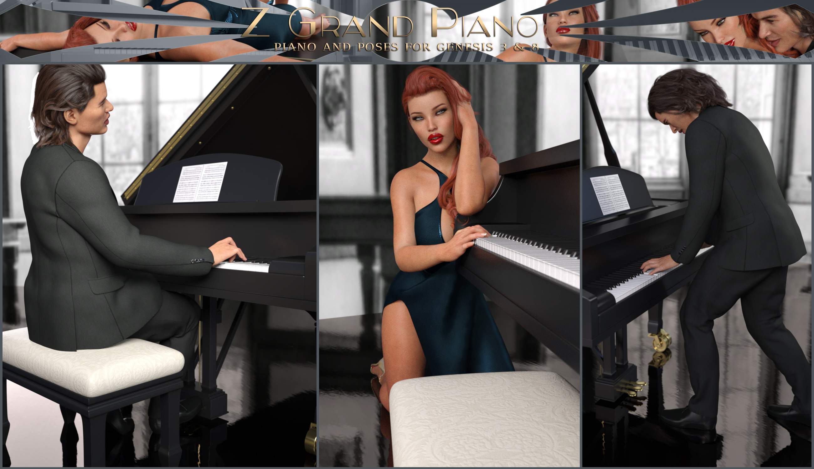 Z Grand Piano and Poses for Genesis 3 and 8 by: Zeddicuss, 3D Models by Daz 3D