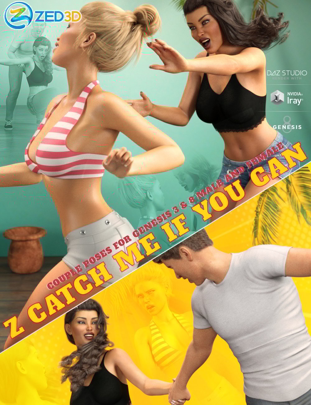 Z Catch Me If You Can Couple Poses for Genesis 3 and 8 by: Zeddicuss, 3D Models by Daz 3D