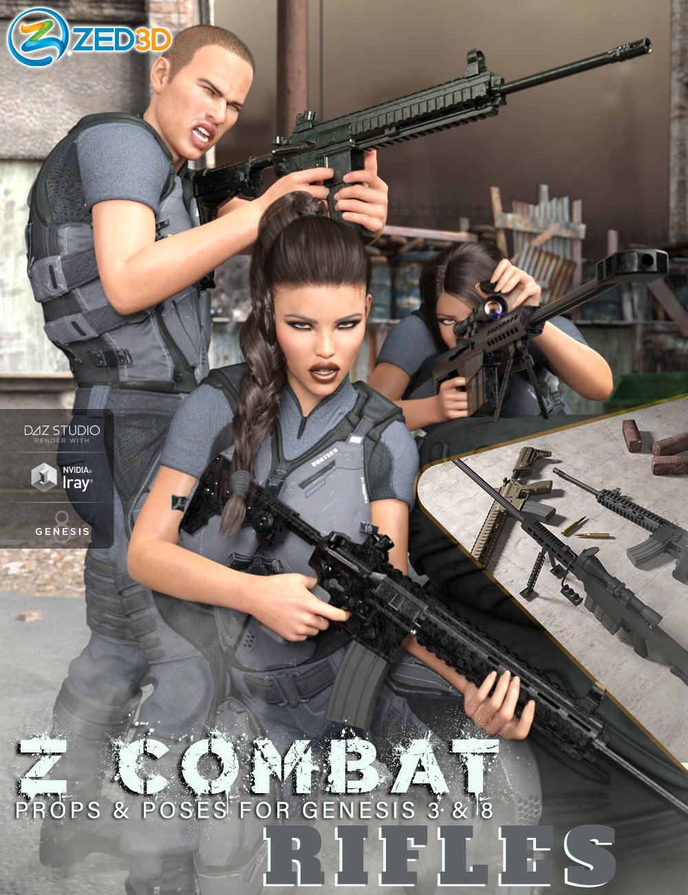 Z Combat Rifles and Poses for Genesis 3 and 8 by: Zeddicuss, 3D Models by Daz 3D