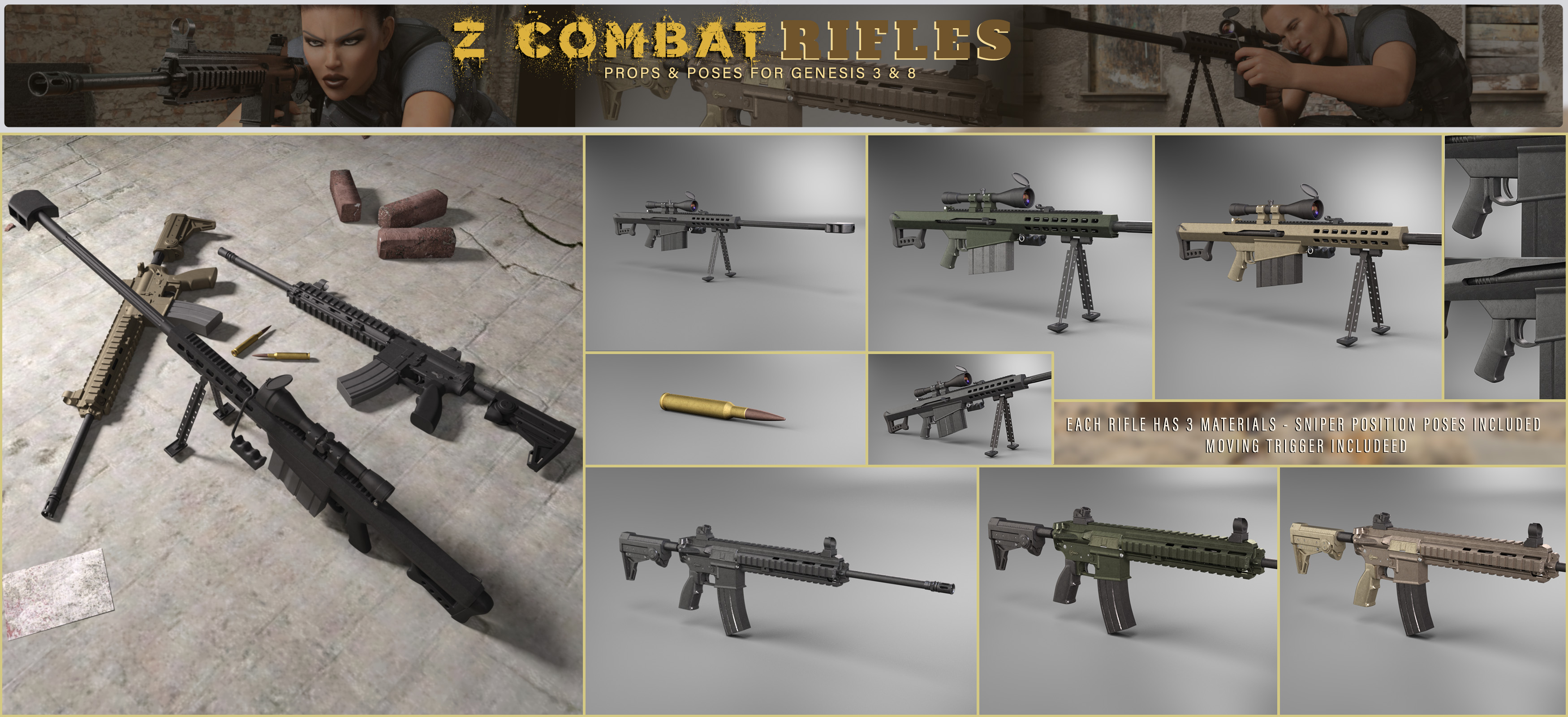 Z Combat Rifles and Poses for Genesis 3 and 8 | Daz 3D