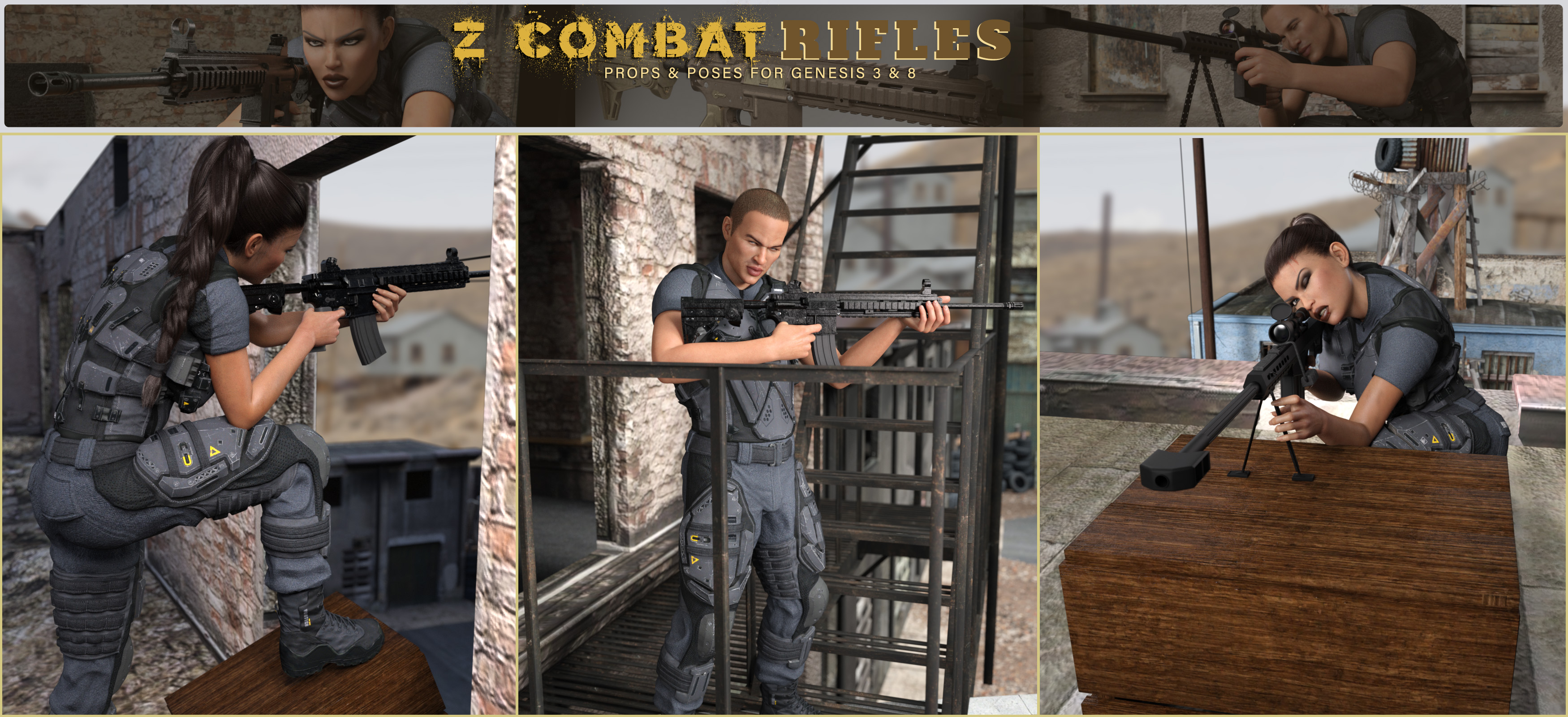 Z Combat Rifles and Poses for Genesis 3 and 8 | Daz 3D