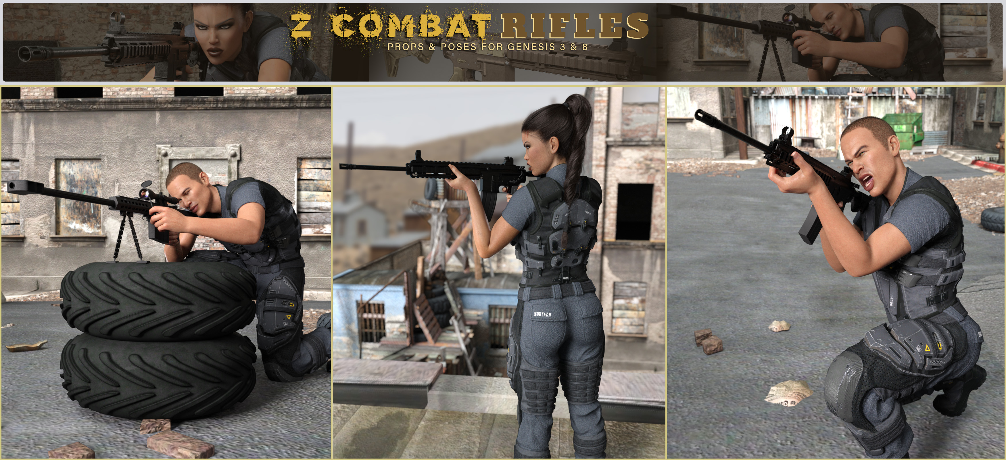 Z Combat Rifles and Poses for Genesis 3 and 8 | Daz 3D