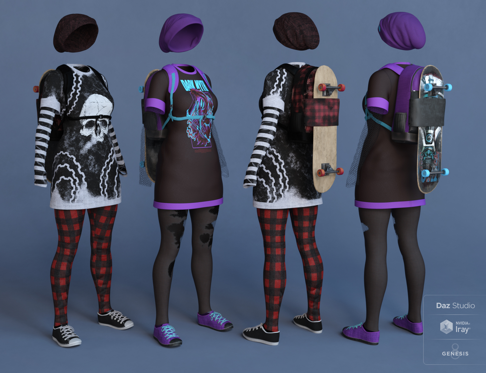 dForce Skate Punk with Skateboard for Genesis 8 Female(s) by: Moonscape GraphicsSadeSixus1 Media, 3D Models by Daz 3D