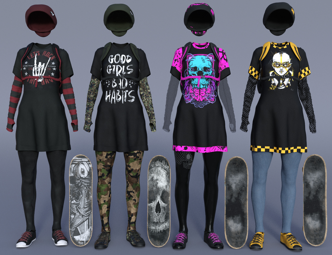 dForce Skate Punk with Skateboard Textures by: Moonscape GraphicsSade, 3D Models by Daz 3D