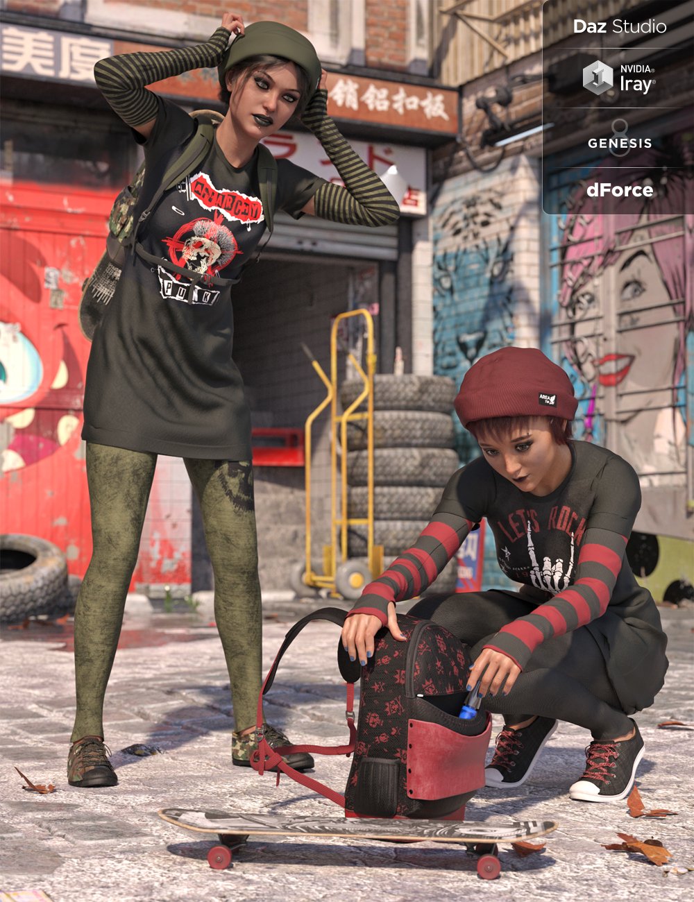 dForce Skate Punk with Skateboard Textures dForce Skate Punk with Skateboard Textures by: Moonscape GraphicsSade, 3D Models by Daz 3D