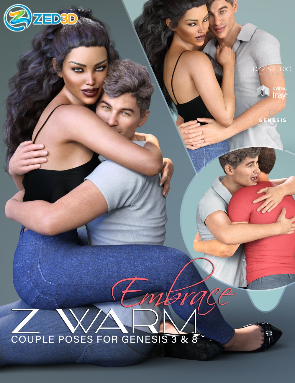 Z Warm Embrace Couple Poses for Genesis 3 and 8 by: Zeddicuss, 3D Models by Daz 3D