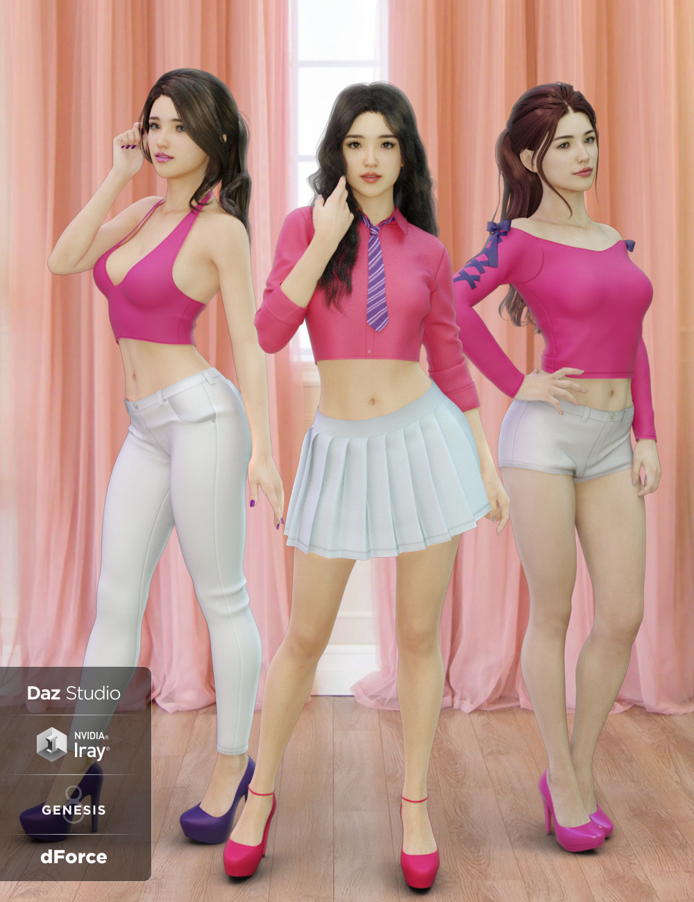 dForce K-Pop Girls 2 Outfits for Genesis 8 Female(s) by: Blue Rabbit, 3D Models by Daz 3D