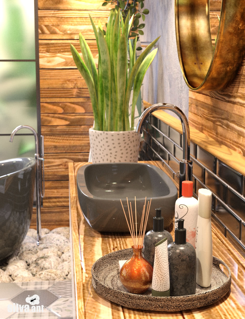 Leafy Bathroom Set and Genesis 8 Female Poses by: SilvaAnt3d, 3D Models by Daz 3D